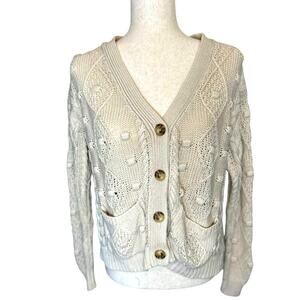 SINCERELY JULES Boho Cable Knit Sweater Cardigan Pockets Cream Small Cottagecore
